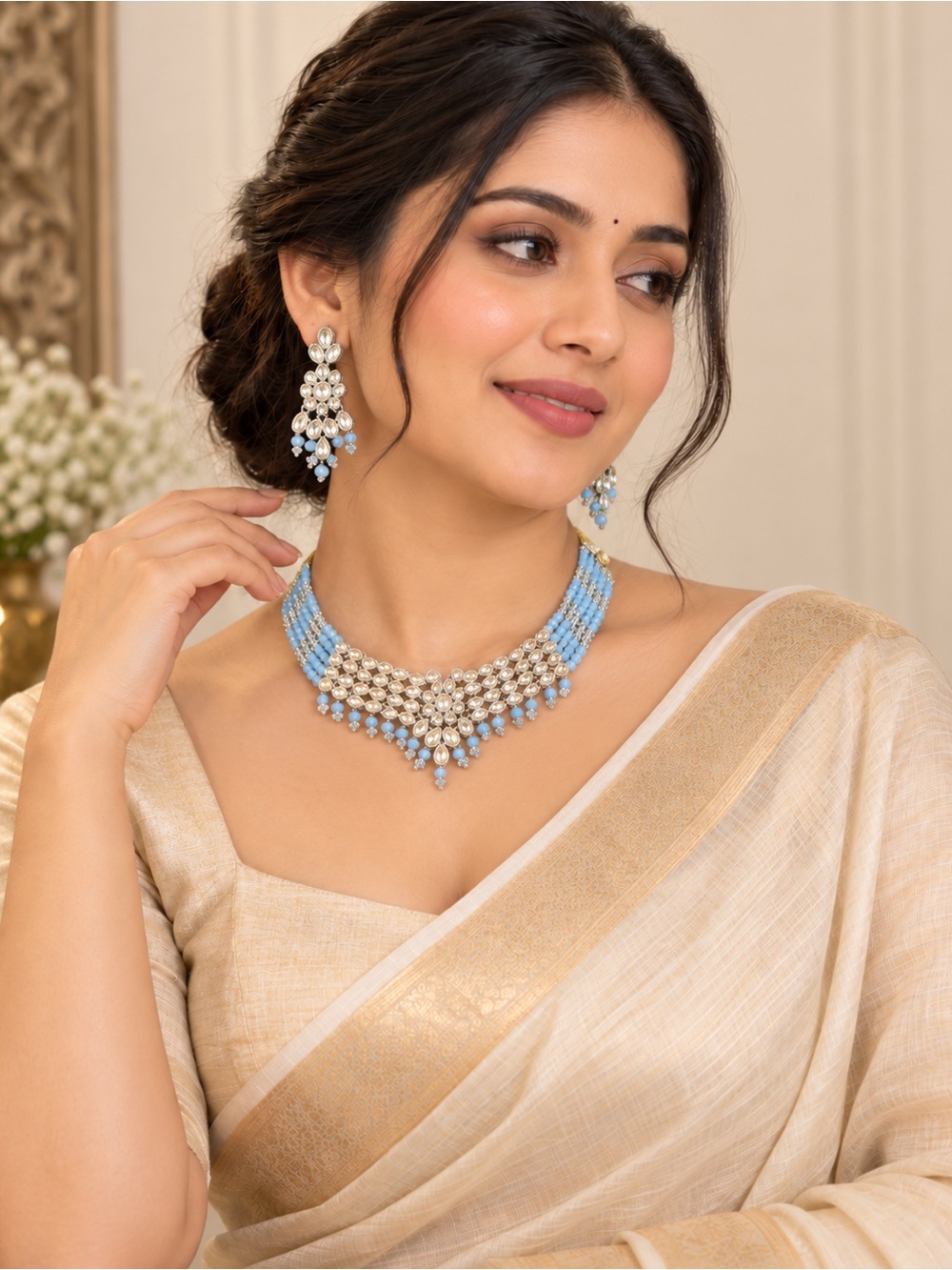 Elegant Blue Beaded Pearl Statement Necklace and Earring Set